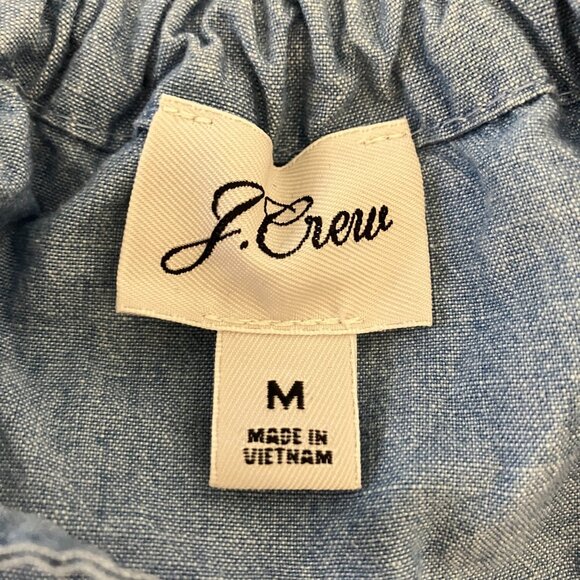 J. Crew Womens Chambray Peasant Top M Short Sleeve Tie Neck Blouse Cottagecore - Picture 7 of 9